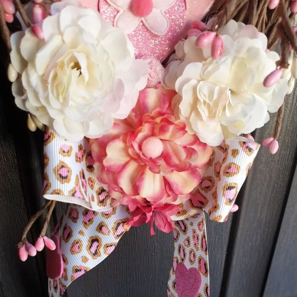 Valentine Day Heart Wreath Pink Roses Wall Hanger Door Home Office Decoration